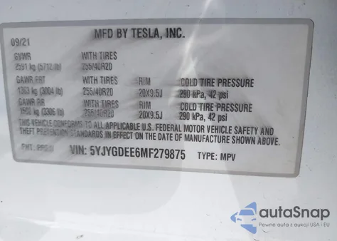 2021 Tesla Model Y Long Range Dual Motor All-Wheel Drive z USA, uszkodzony, nr VIN 5YJYGDEE6MF279875